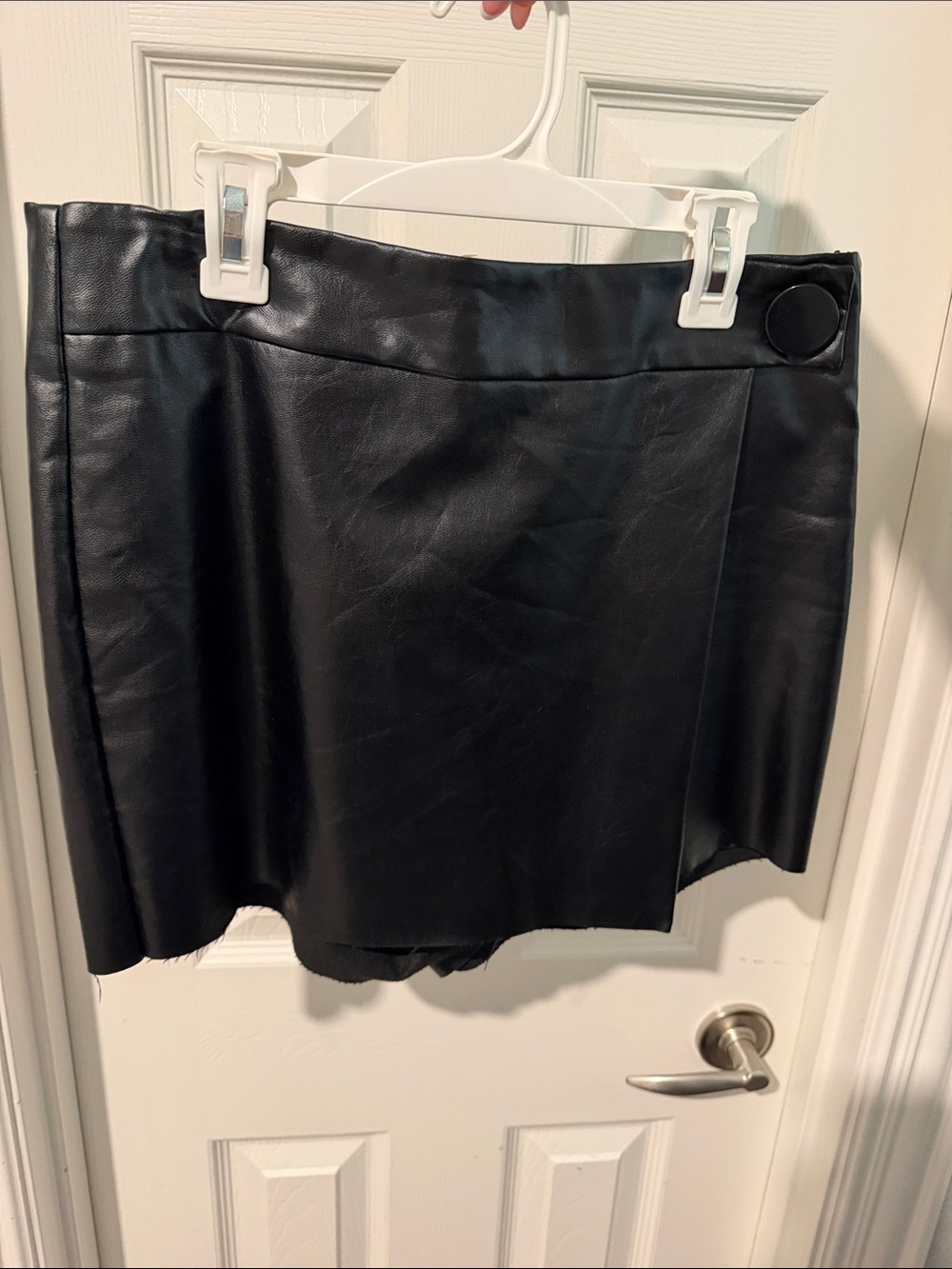 Black Faux Leather Mini Skort with Side Button Detail